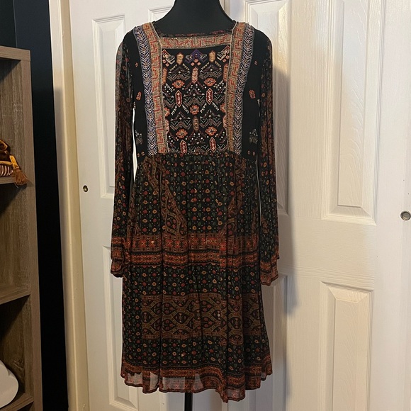 Anthropologie Dresses & Skirts - Anthropologie Beaded Bohemian Black and Multicolor Long Sleeve Dress
